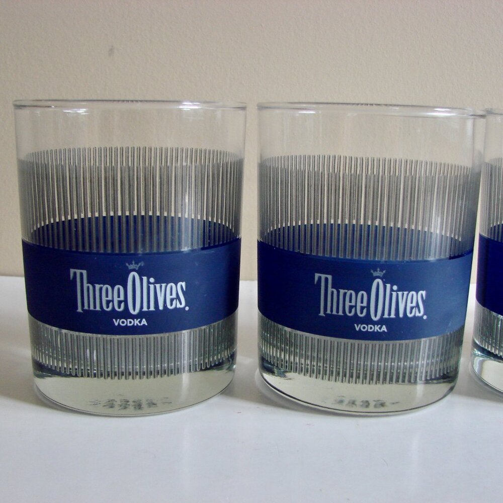 Bar Glasses Three Olives Vodka London Ribbed Design Promo Advertising Set of 4